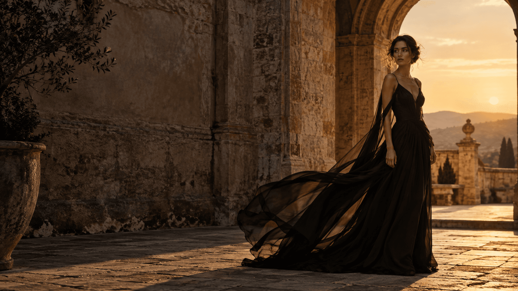 A woman in a black silk gown in a stone courtyard at dusk