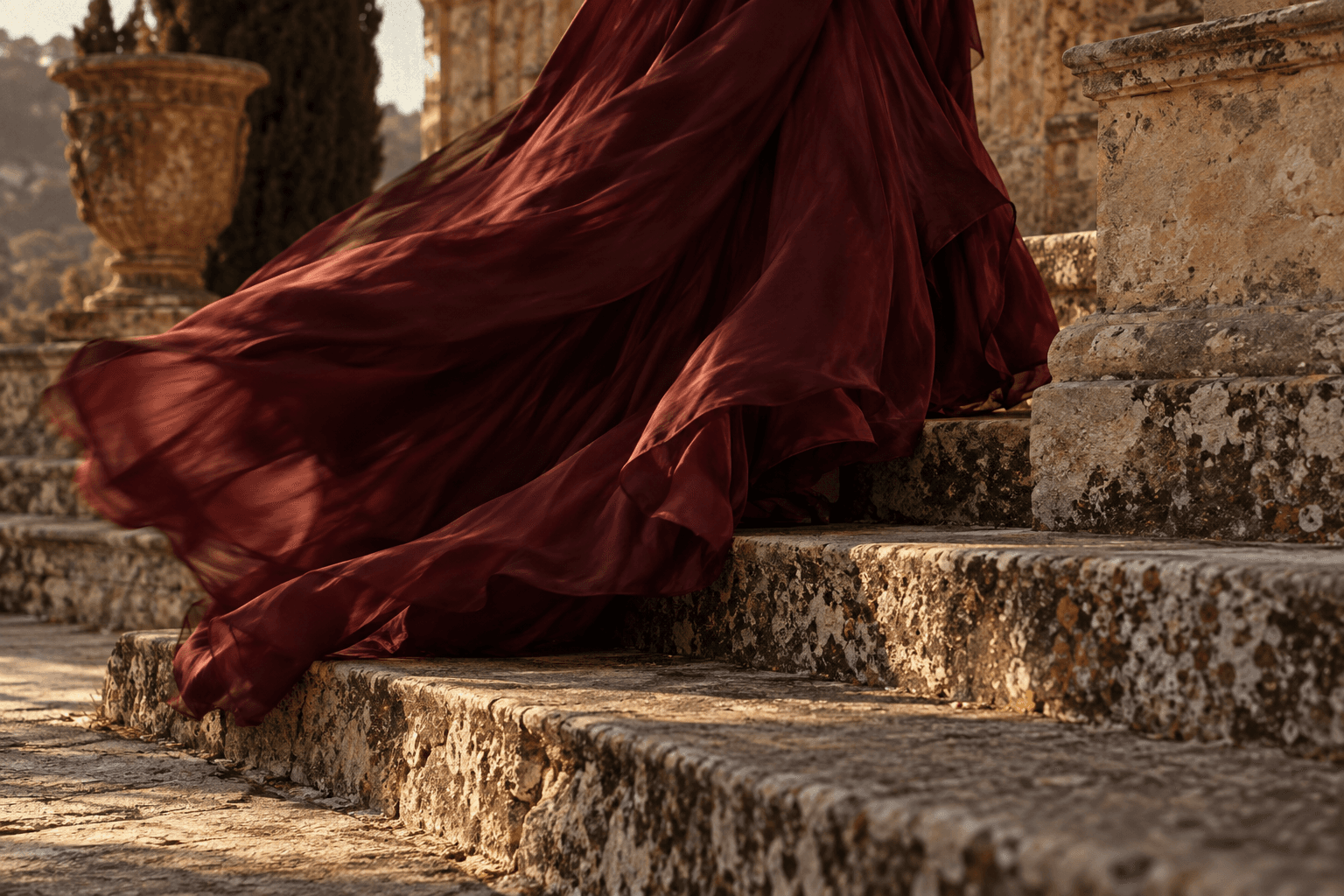 Burgundy silk moving across weathered limestone steps