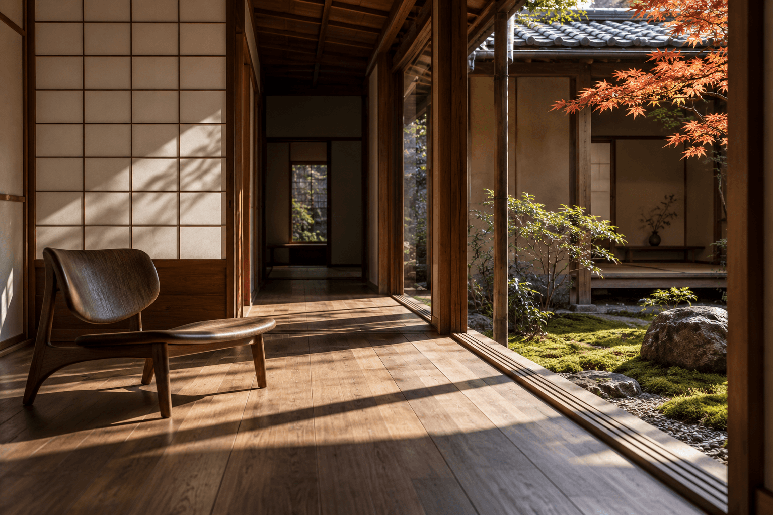 Morning light crossing a Kyoto timber corridor and garden