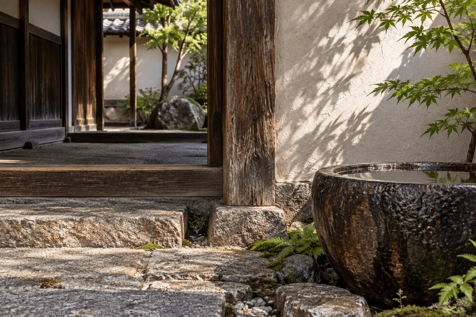 A weathered cedar threshold beside a stone water basin