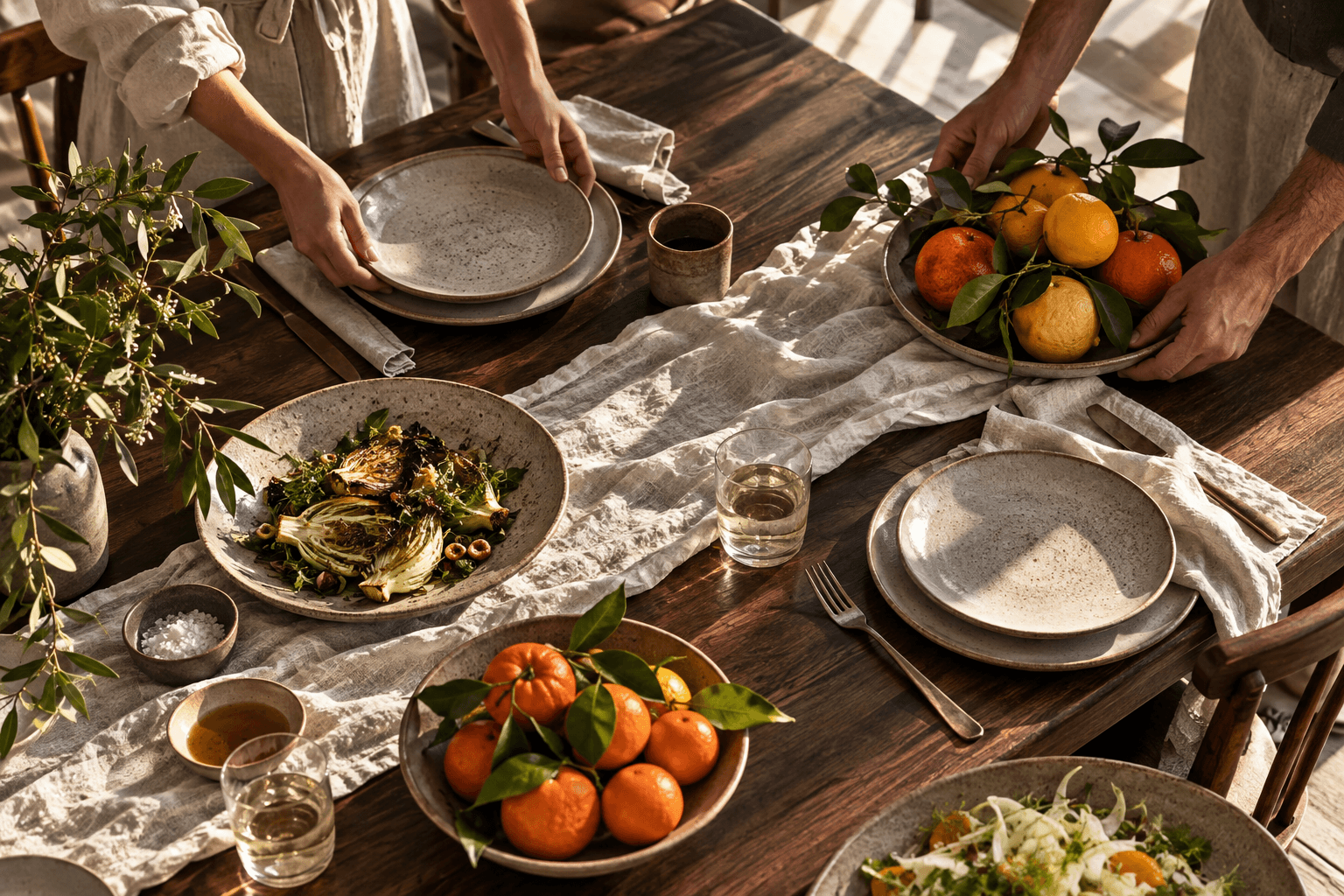Hands arranging handmade plates and citrus around a walnut table