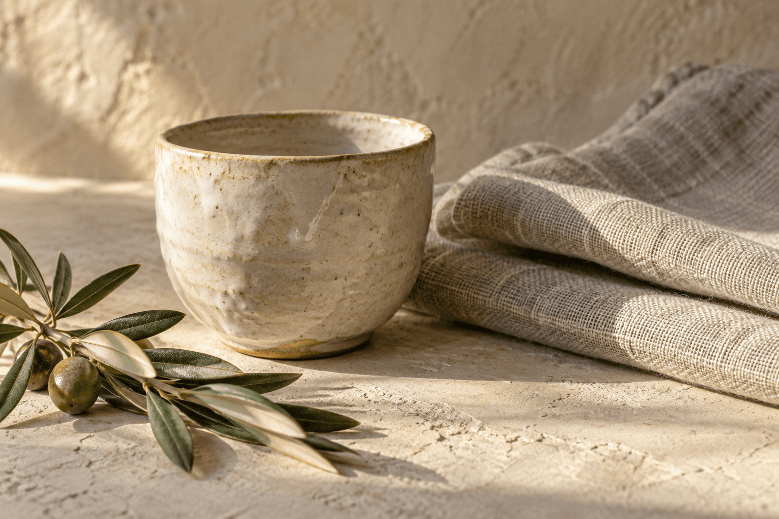 A handmade ceramic cup beside linen and an olive branch