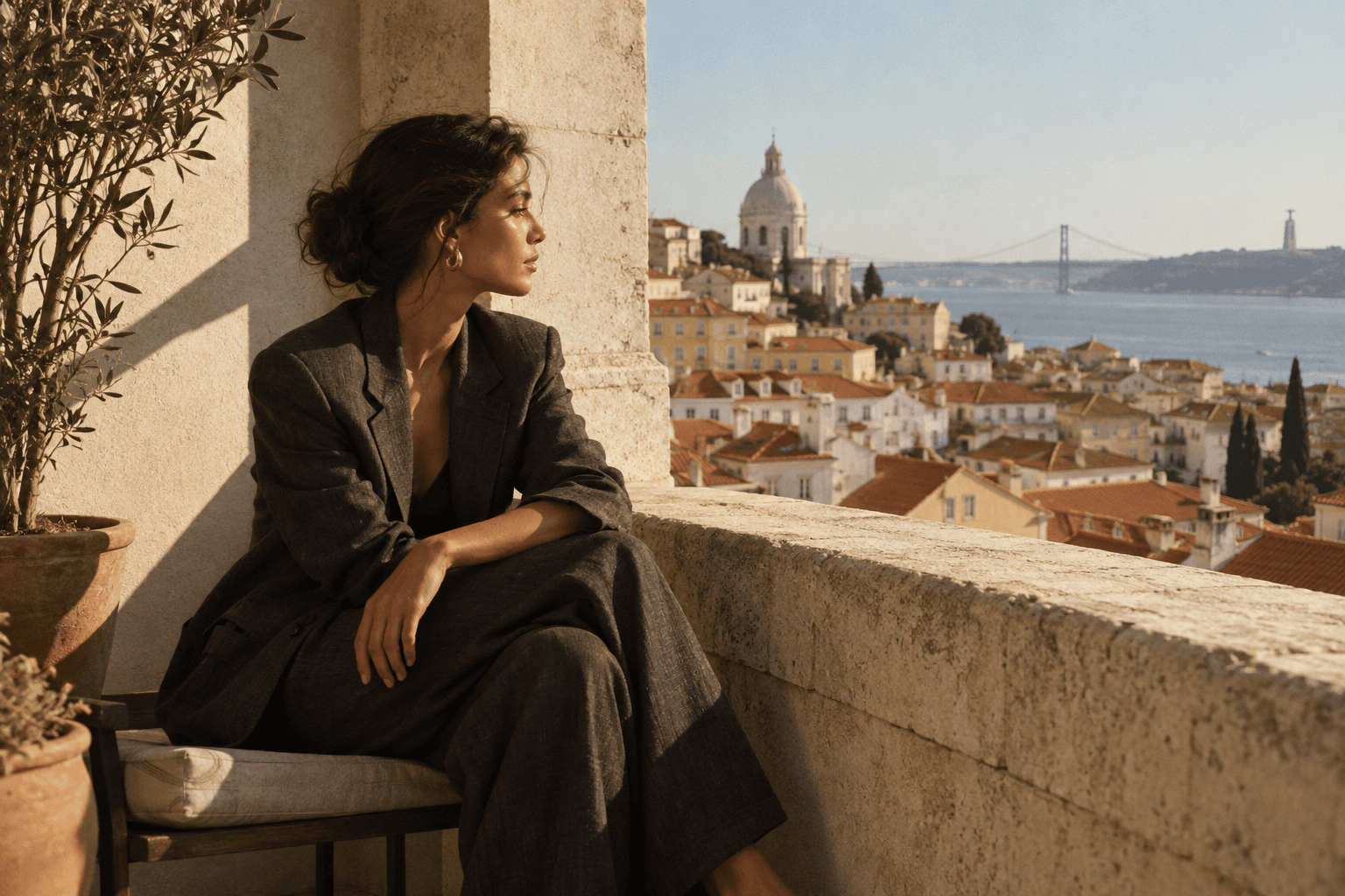 A portrait in charcoal tailoring overlooking the rooftops of Lisbon